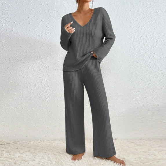 TrendVibe365 Womens Ribbed Lounge Set Solid Color Ribbed Knit V Neck Long Sleeve Shirts and Wide Leg Long Pants Cosy Loose Fit Pajamas Lounge Set Loungewear Summer Outfits