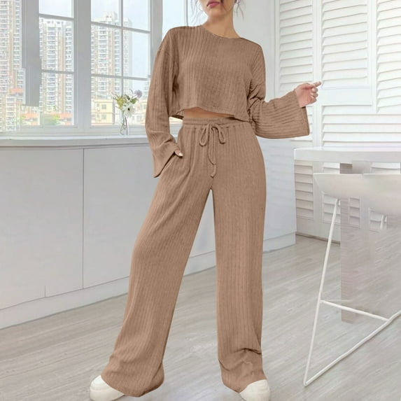 TrendVibe365 Womens Ribbed Lounge Sets 2 Piece Outfits Fall Winter Strip Homewear Knitted Long sleeved Suit Round Neck Top shirt Set Khaki XL
