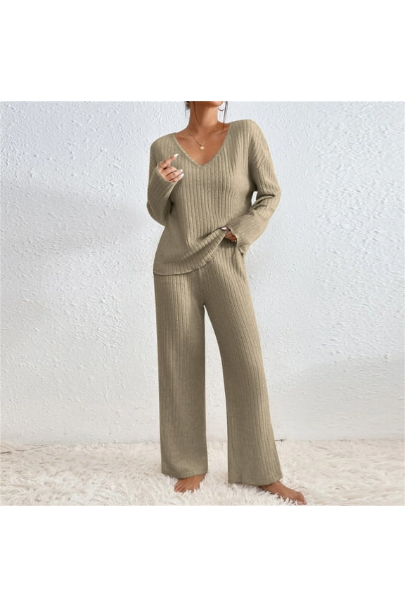 Womens Ribbed Lounge Sets 2 Piece Outfits Solid Knitted Round Neck Long Sleeve Casual Pants Set Khaki S