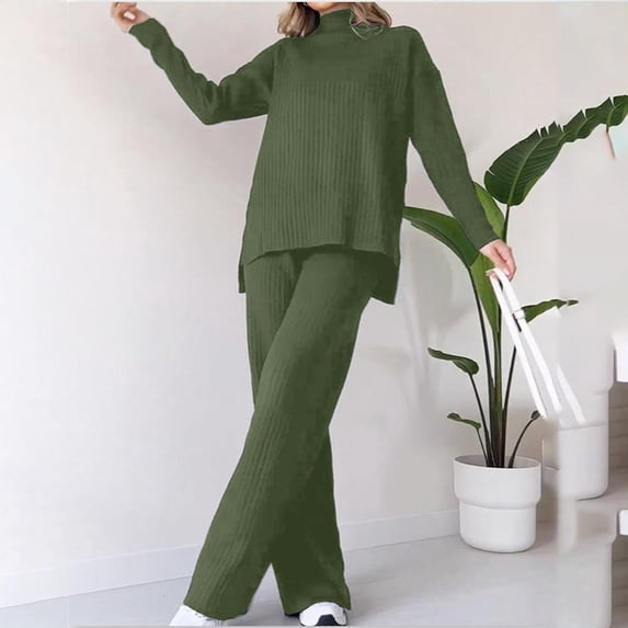 TrendVibe365 Womens Ribbed Lounge Sets 2 Piece Outfits Winter High Collar Loose Casual Two Piece Solid Color Knitted Set Long Sleeve Round Neck Top Set Green S