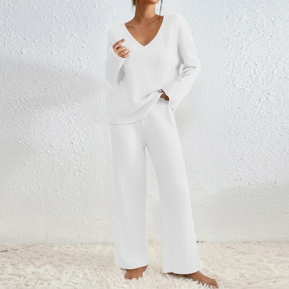 TrendVibe365 Womens Ribbed Lounge Sets with Joggers Solid Color Knit Long Sleeve Shirts and Wide Leg Long Pants Basic Travel Pajamas Lounge Set Loungewear Outfits White 2XL