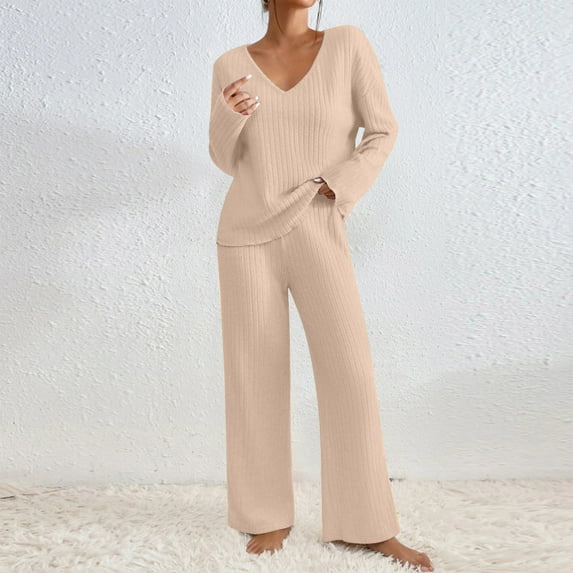 TrendVibe365 Womens Ribbed Lounge Sets Solid Color Knit Long Sleeve Shirts and Wide Leg Long Pants Basic Travel Pajamas Lounge Set Loungewear Outfits Beige L