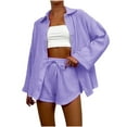 thumbnail image 1 of successthop Womens Sets 2 Piece Outfits Lounge Solid Color Button Down Cardigan Lapel Neck Long Sleeve Shirts and Shorts Comfy Trendy Pajamas Lounge Set Loungewear Summer Outfits, 1 of 5