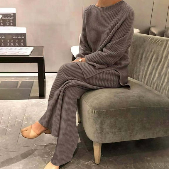 successthop Womens Sets 2 Piece Outfits Summer Solid Color Baggy Ribbed Knit Crewneck Long Sleeve Shirts and Wide Leg Long Pants Cosy Loose Fit Pajamas Lounge Set Loungewear Summer Outfits