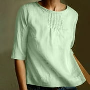 TrendVibe365 Womens Short Sleeve Tops Spring Linen Plain Shirts Elbow Length Tees Blouse Crew Neck Tshirts Loose Fit Pullovers Outfits
