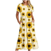 TrendVibe365 Womens Spring Dresses 2024 Boho Floral Sunflower Tiered Smocked Vacation Dresses Short Sleeve Summer Dresses Crew Neck Sundresses Flowy A Line Sexy Dresses Midi Dresses with Pockets