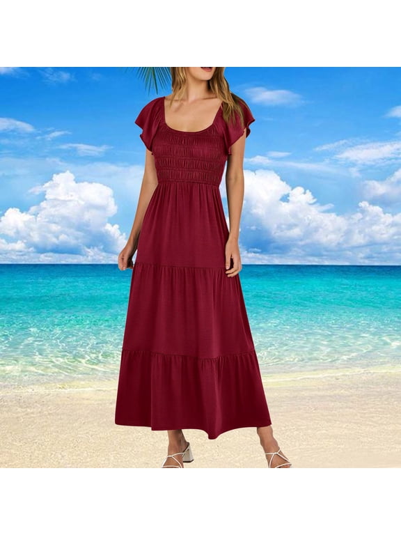 Womens Spring Dresses Casual Solid Elastic Empire Waist Tiered Smocked Vacation Dresses Flutter Sleeve Short Sleeve Dresses Scoop Neck Dresses Flowy A Line Dresses Midi Dresses