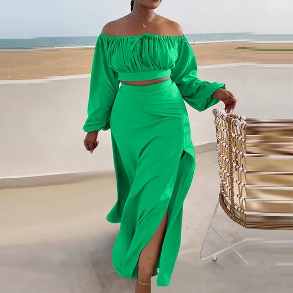 TrendVibe365 Womens Summer Outfits Solid Color Pleated Croped Bandeau Long Sleeve Shirts and Slit Maxi Skirt Casual Travel Pajamas Lounge Set Loungewear Summer Outfits