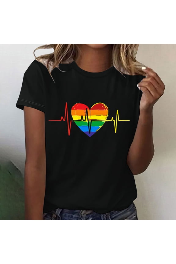 Womens Summer Tops Black Pride Shirt Rainbow Heart Loose Top Crew Neck Tshirt Short Sleeve Tees Blouse Slimming Clothes
