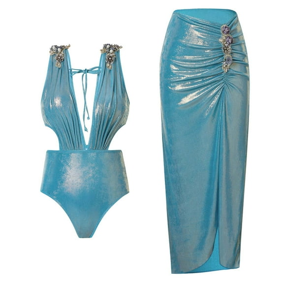 TrendVibe365 Womens Swimwear Cover up Blue 2 Piece Skirt Bow-Tie Shoulder Straps V Neck with Padded Bras Bathing Suits Solid Swimwear Beachwear S