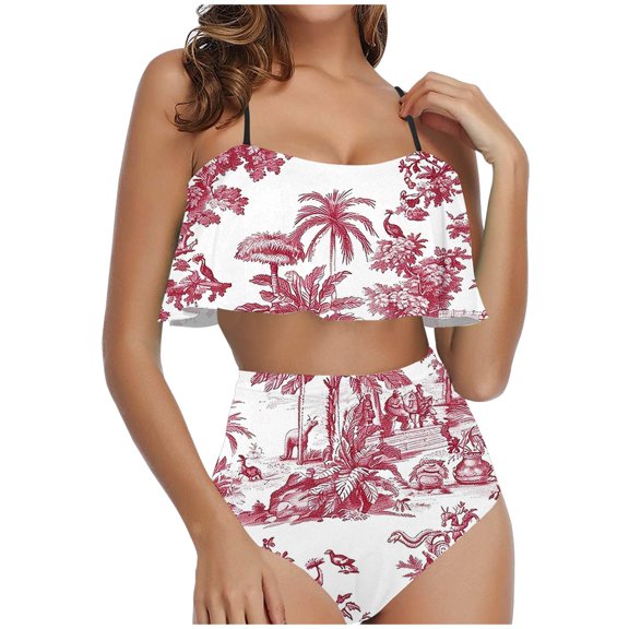 TrendVibe365 Womens Swimwear Two Piece Shorts Red Two Piece Swimsuits High Waisted Thong Adjustable Shoulder Strap Ruffles Bandeau Bathing Suits Floral Swimwear Beachwear 2XL