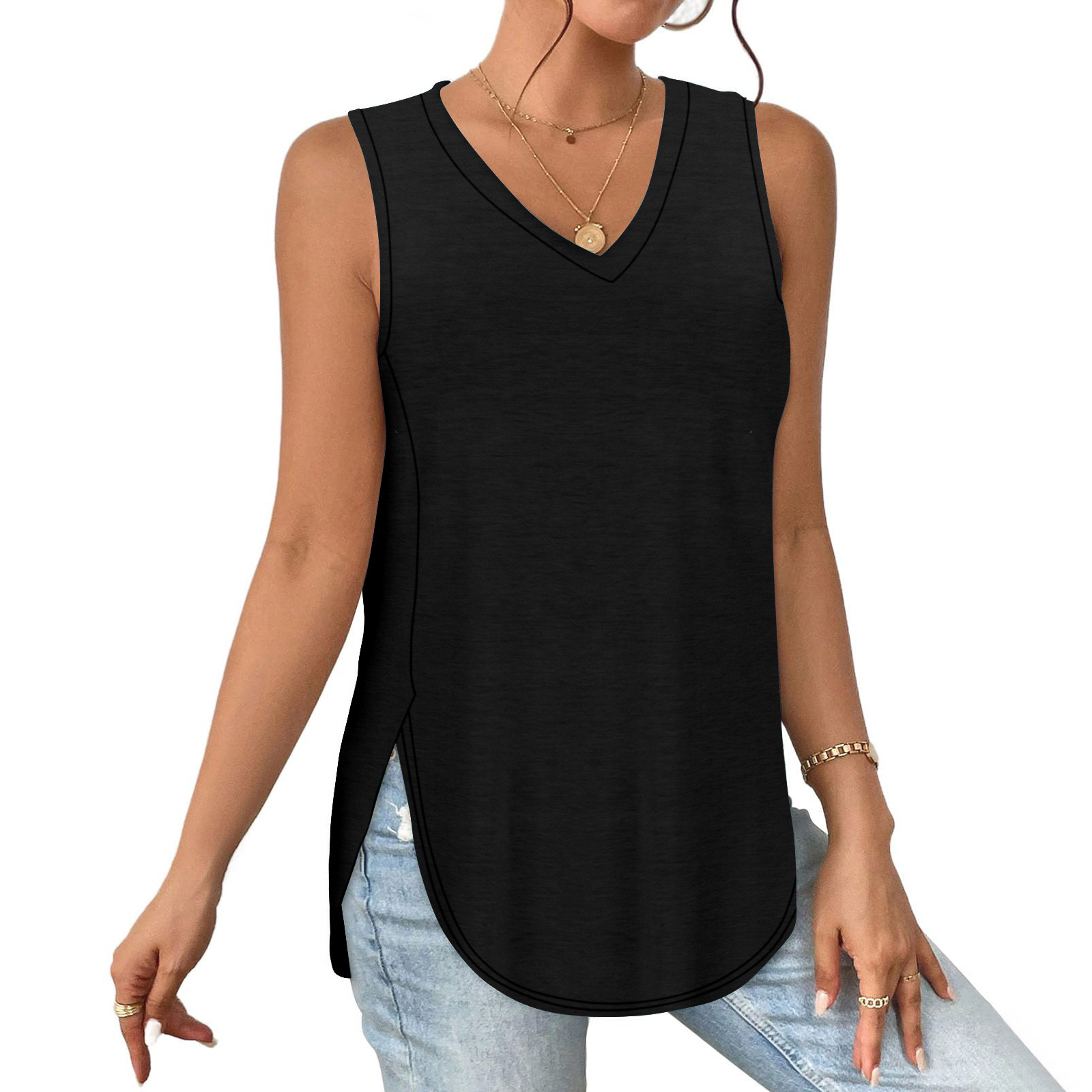 TrendVibe365 Womens Tank Tops Loose Fit Summer Tunic Plain Split Curvy Hem Shirts Sleeveless Tees Blouse V Neck Tshirts Loose Fit Pullovers Clothes