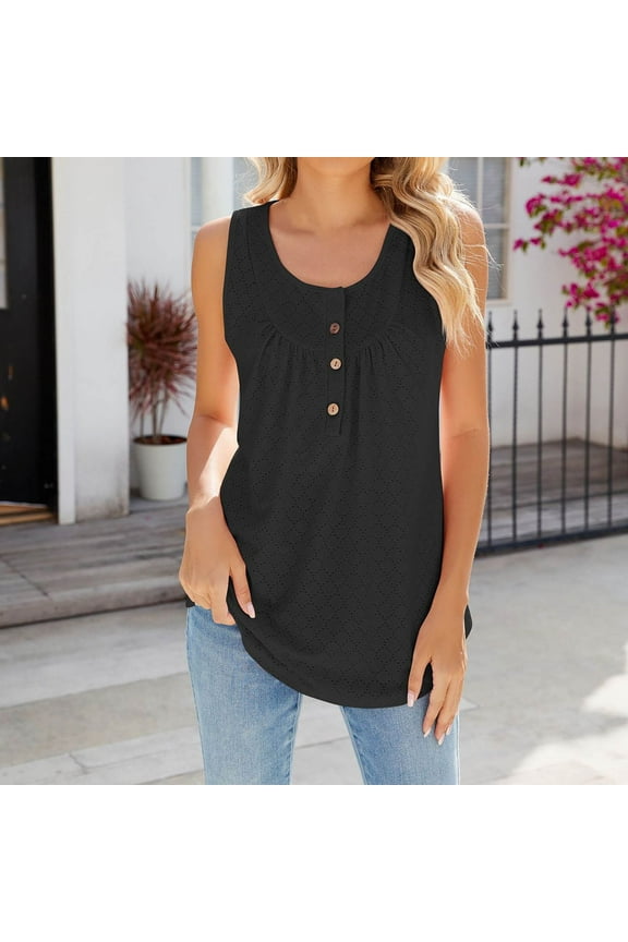 Womens Tank Tops Loose Fit Summer Tunic Solid Eyelet Embroidery Button Up Curvy Hem Shirts Sleeveless Tees Blouse Scoop Neck Tshirts Loose Fit Pullovers Clothes