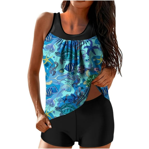 TrendVibe365 Womens Tankini Swimsuits 2 Piece with Shorts Blue Bathing Suits Boyfriend Shorts Tank Floral Swimwear Beachwear M