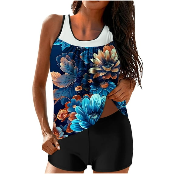 successthop Womens Tankini Swimsuits Blue Two Piece Bathing Suits with Boyshorts Tank Floral Swimwear Beachwear L