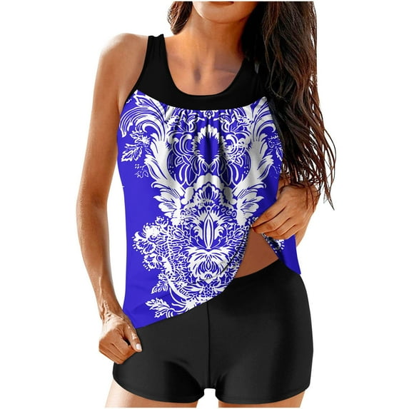 successthop Womens Tankini with Shorts Blue 2 Piece Swimsuits Boyfriend Shorts Tank Bathing Suits Floral Swimwear Beachwear S