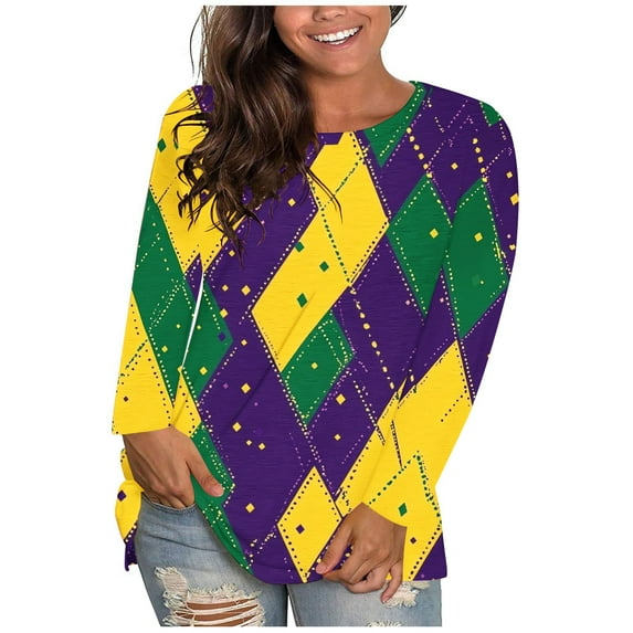 TrendVibe365 Womens Tops Long Sleeve Plus Size Mardi Gras Plus Size Round Neck Polyester Casual Mask Printed Mardi Gras Celebrations Blouse Tops for Mardi Gras Event Purple 2XL