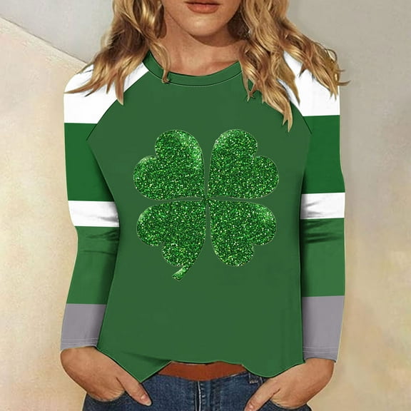 TrendVibe365 Womens Tops Long Sleeve Plus Size St Patricks Day Green Plus Size Crew Neck Polyester Casual St. Patricks Day Blouse Tops for Irish Themed Gifts 2XL