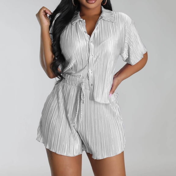 successthop Womens Two Piece Lounge Sets Solid Color Button Down Pleated V Neck Short Sleeve Shirts and Long Pants Fashion Vacation Pajamas Lounge Set Loungewear Summer Outfits