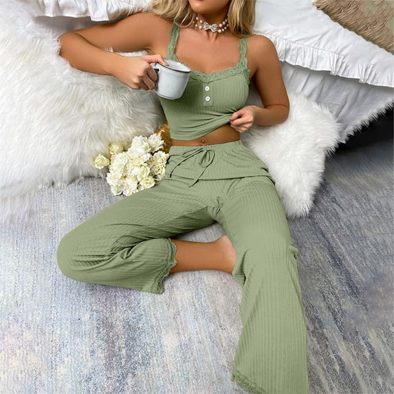 TrendVibe365 Womens Two Piece Outfits Summer Solid Color Croped Cami Ribbed Knit Off Shoulder Sleeveless Shirts and Wide Leg Long Pants Fashion Vacation Pajamas Lounge Set Loungewear Summer Outfits