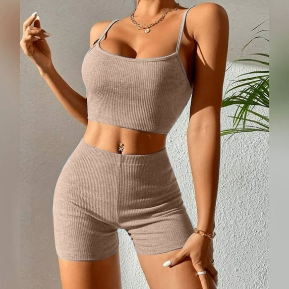 TrendVibe365 Womens Two Piece Outfits Summer Solid Color Croped Ribbed Knit Bandeau Sleeveless Cami Shirts and Shorts Basic Travel Pajamas Lounge Set Loungewear Summer Outfits