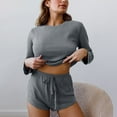 thumbnail image 1 of TrendVibe365 Womens Two Piece Outfits Summer Solid Color Ribbed Knit Crewneck Long Sleeve Shirts and Shorts Fashion Vacation Pajamas Lounge Set Loungewear Summer Outfits, 1 of 3