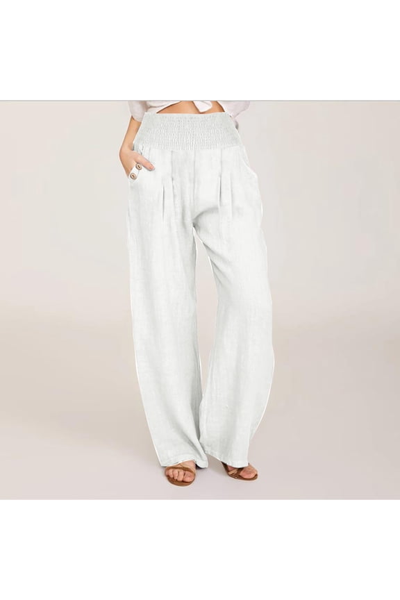 TrendVibe365 Womens Wide Leg Pants Cotton Linen Summer Beach Wide Leg Pants High Waisted Palazzo Gaucho Long Pants Loose Fit Flowy Lightweight Pull on Elastic Waist Trousers w Pockets Soft Resort