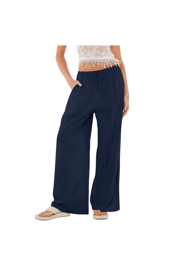 Womens Wide Leg Pants Linen Summer Beach Wide Leg Pants Mid Waisted Palazzo Gaucho Long Pants Loose Fit Flowy Lightweight Pull on Elastic Waistband Trousers w Pockets Comfy