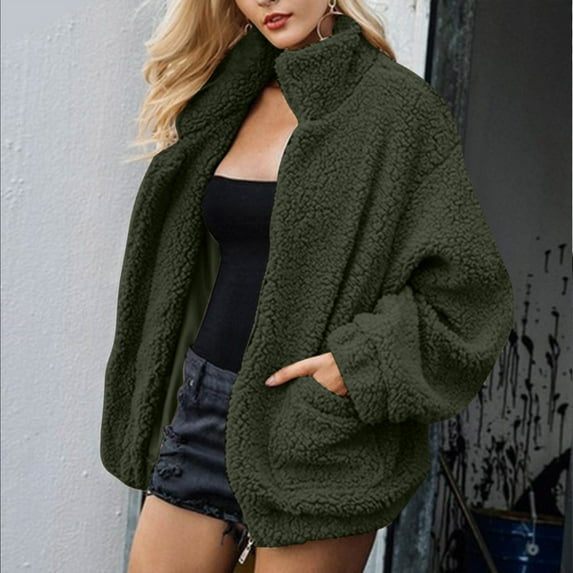 successthop Womens Winter Jacket No Hood Green Faux Wool Coat Waist Length Thick Coats No Hood Fleece Outwear No Zip Open Front Cardigan Long Sleeve Puffer Winter Clothes Solid Cozy Tops Pockets