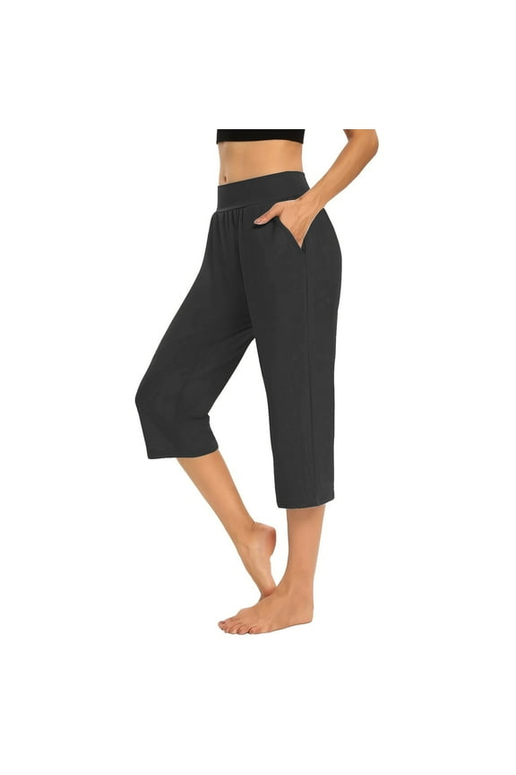 Workout Capris for Women Workout Trousers Stretchy Yoga Capris Active Mid Rise Straight Leg Pedal Pushers Capris Pants Trendy Pull on Elastic Waist Trousers w Pockets Soft Resort