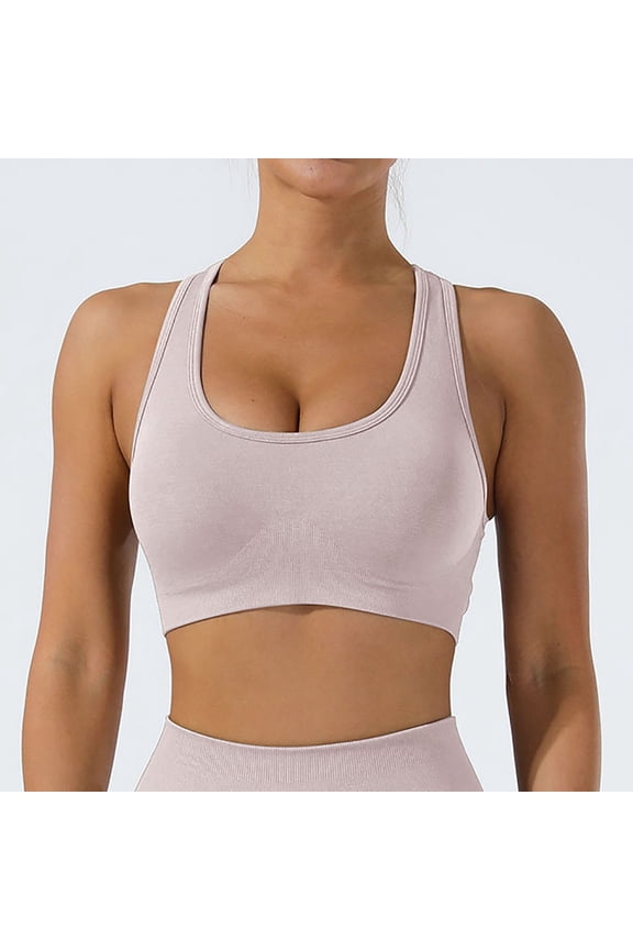 Yoga Bras for Women Ribbed Knit No Wire Push up Tshirt Bralette Padded Racerback Crossover Back Halter Wide Strap Support Corset Top Full Coverage Comfort Underwear Pink M