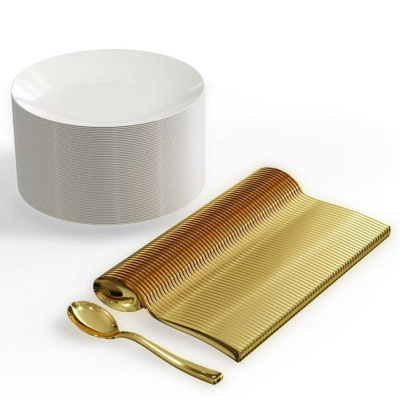Crown Display 120 Count White Disposable Dessert Plates with Gold Plastic Spoons (Serves 60 People)
