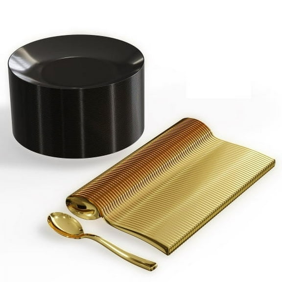 Crown Display 120 Ct. Black Disposable Dessert Plates with Gold Plastic Spoons (Serves 60 People)