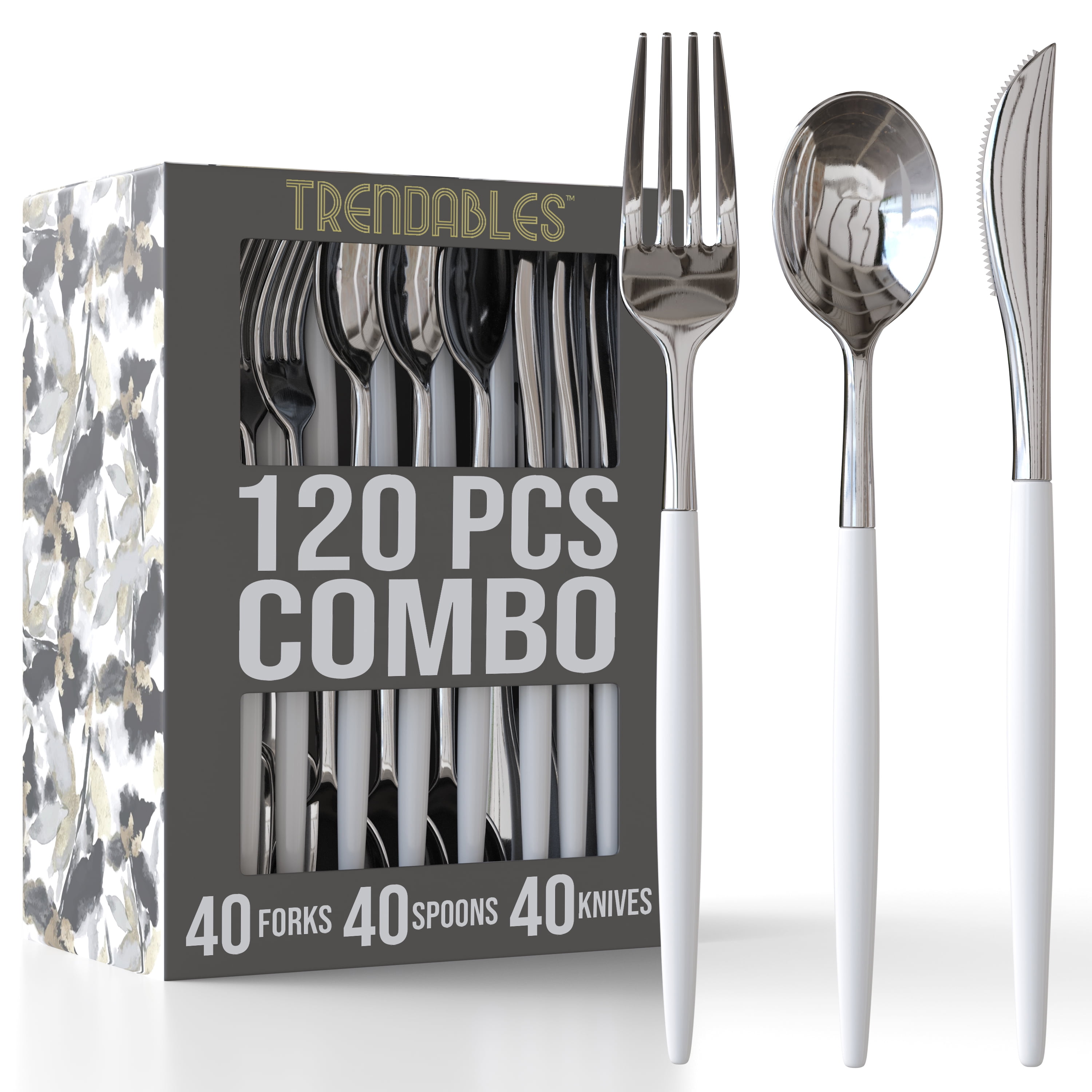 Trendables 120-Pc Elegant Disposable Silverware - Premium Plastic Cutlery -  White and Silver