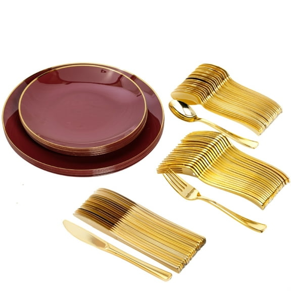 Crown Display™ 200 Piece Burgundy And Gold Rimmed Disposable Plastic Plates For Party And Cutlery Set - Service For 40
