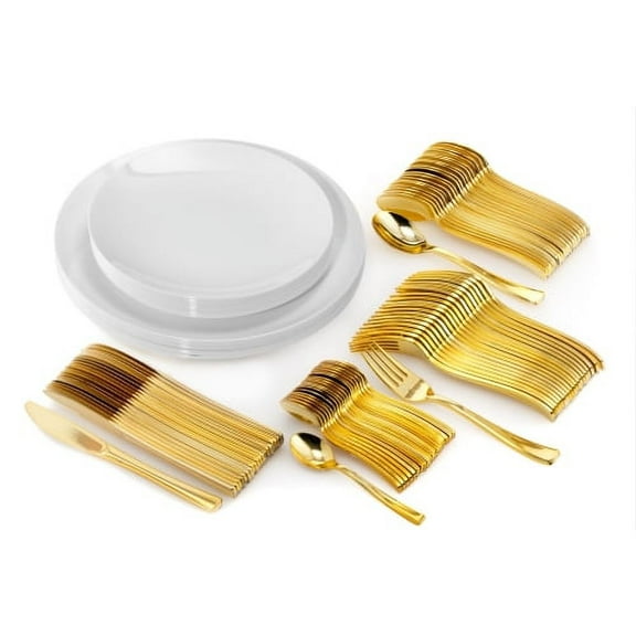 Crown Display 200 Piece Disposable Plastic Plates For Party And Cutlery Set - Service For 40 - White