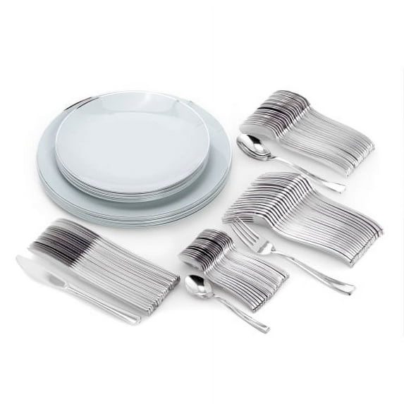 Crown Display 200 Piece Sage And Silver Rimmed Disposable Plastic Plates For Party And Cutlery Set - Service For 40