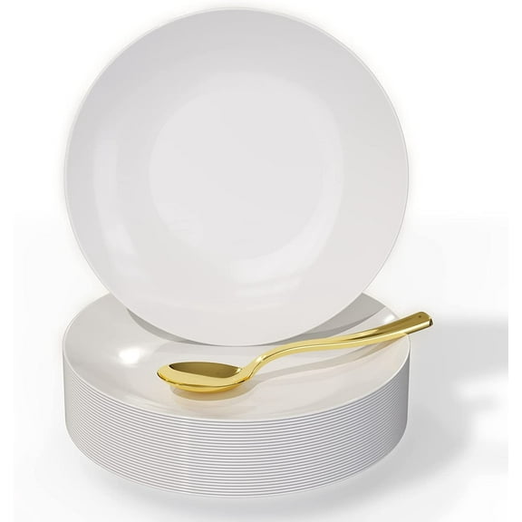 Trendables 240ct Disposable Dessert Plates With Gold Spoons (Serves 120) - Small White Plastic Wedding Cake Plates