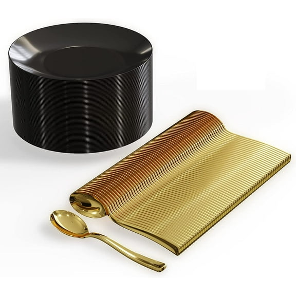 Trendables 240ct Disposable Dessert Plates with Gold Plastic Spoons (Serves 120 People) Black Small Plastic Plates
