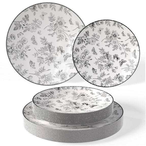 Trendables 40 Piece Plastic MMF7&nbsp;Disposable Plates Set For Guests I Pcs Of 8 Inch Dessert Plates & Pcs Of 10 Inch Disposable Plastic Plates | Wedding Party Plates | Black & White Floral Plates