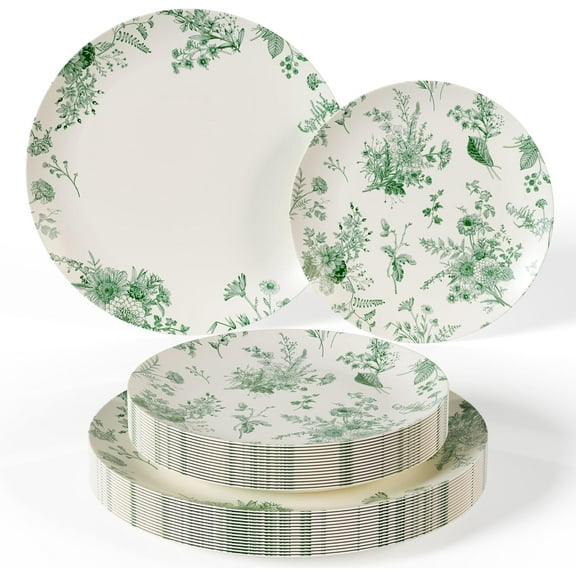 Trendables 80 Piece Plastic Disposable Plates Set For 40 Guests I 40 X 8 Inch Dessert Plates & 40 X 10 Inch Disposable Plastic Plates | Wedding Party Plates | Ivory & Green Verdure Design