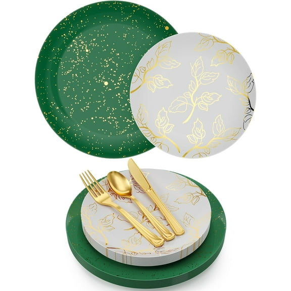 Trendables Christmas Plates Disposable 100 Pcs Christmas Dinnerware Set, Christmas Plastic Plates Set Includes: 20 10" Dinner Plates, 20 8" Dessert Plates & 20 Of Each Gold Forks, Knives & Spoons