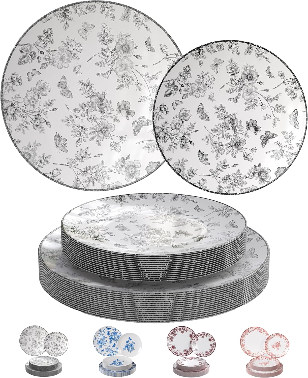 Trendables Disposable Plates For Party Supplies | Black Floral Plastic Plates For Wedding 80 Pcs - 40 X 8 & 40 X 10 Dinner Plate Sets | Floral Plate Set Disposable Plastic Dinnerware Sets