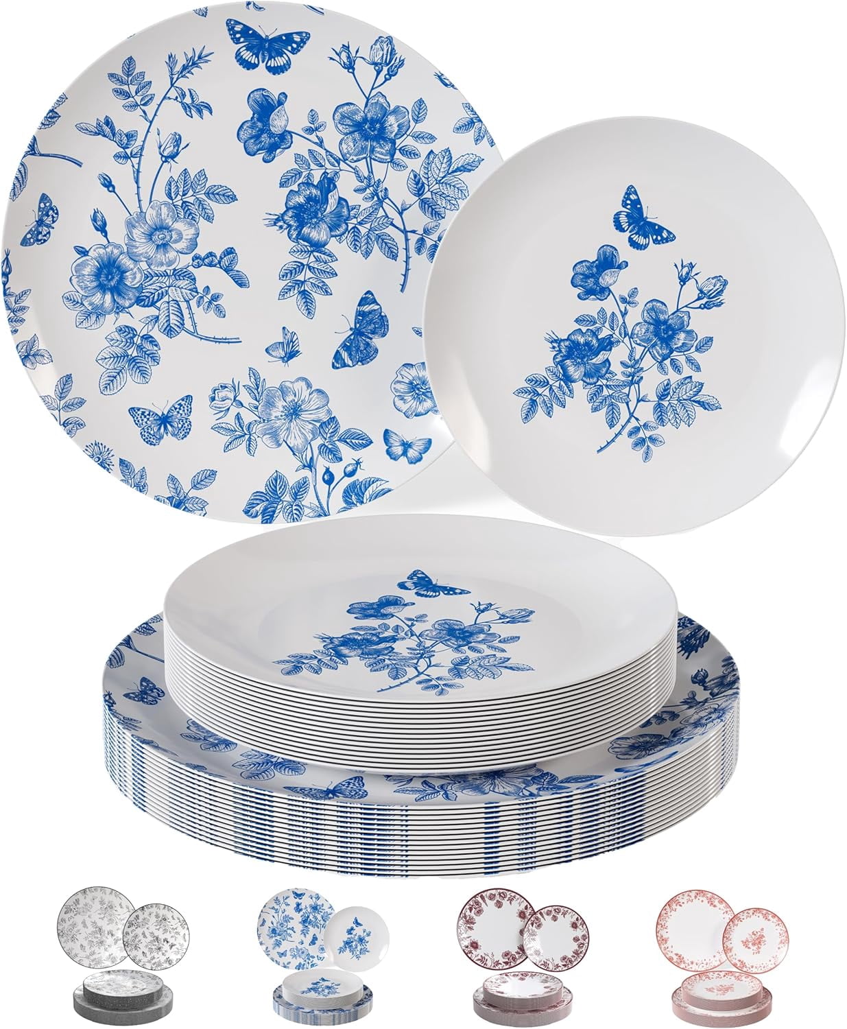 Trendables Disposable Plates For Party Supplies | Blue Floral Plastic Plates For Wedding 40 Pcs - 20 X 8 & 20 X 10 Dinner Plate Sets | Floral Plate Set Disposable Plastic Dinnerware Sets