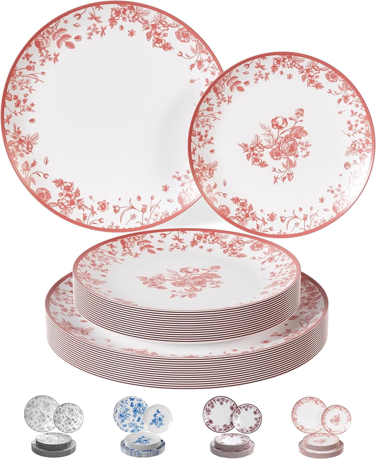 Trendables Disposable Plates For Party Supplies | Pink Floral Plastic Plates For Wedding 200 Pcs - 100 X 8 & 100 X 10 Dinner Plate Sets | Floral Plate Set Disposable Plastic Dinnerware Sets