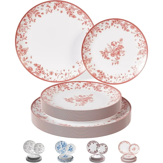 Trendables Disposable Plates For Party Supplies | Pink Floral Plastic Plates For Wedding 80 Pcs - 40 X 8 & 40 X 10 Dinner Plate Sets | Floral Plate Set Disposable Plastic Dinnerware Sets