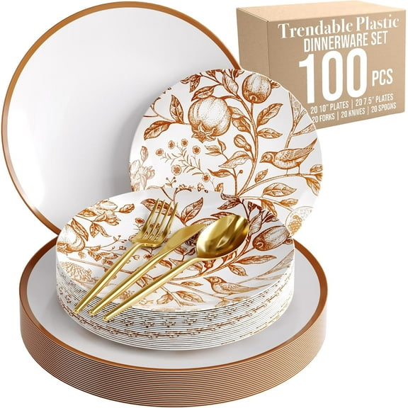 Trendables Fancy Plastic Dinnerware Sets 100 Pc Set 20 Guests Gold Silverware Disposable 20 X 10 Inch Charger Plates 20 X 8 Inch Dessert Plates 20 x Gold Plastic Forks and Spoons Knives