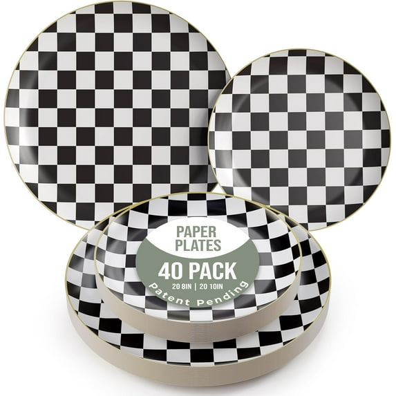 Trendables Heavy Duty Paper Plates Bulk 40 Pcs Disposable Party Plates - 20 X 8 Inch Dessert Plate & 20 X 10 Inch Paper Plate Checkered decor, black and white party decorations, race car decorations
