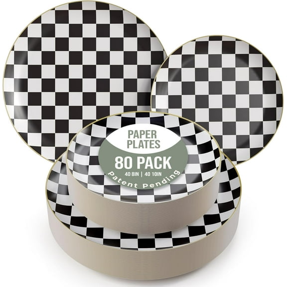Trendables Heavy Duty Paper Plates Bulk 80 Pcs Disposable Party Plates - 40 X 8 Inch Dessert Plate & 40 X 10 Inch Paper Plate Checkered decor, black and white party decorations, race car decorations