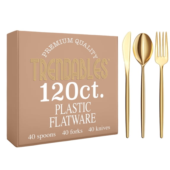 Crown Display Plastic Forks and Spoons 120 Combo Pack Gold Disposable Silverware Set